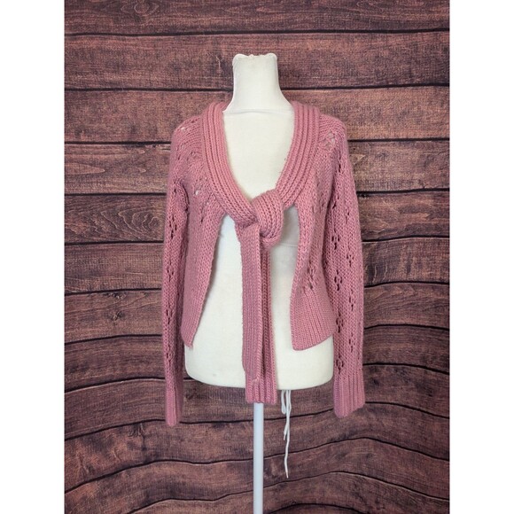 Y2K Bebe Cardigan Sweater SZ M Dusty Pink Open Chunky Knit Cropped Tie Front - Picture 2 of 9